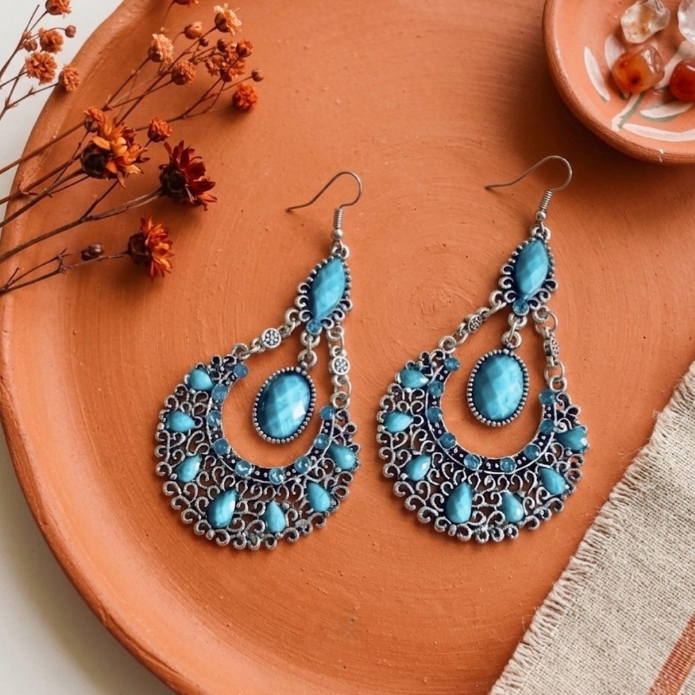 2/$30🌵 Bohemian Teal Blue Bead Tassel Chandelier Dangle Silver Earrings Boho